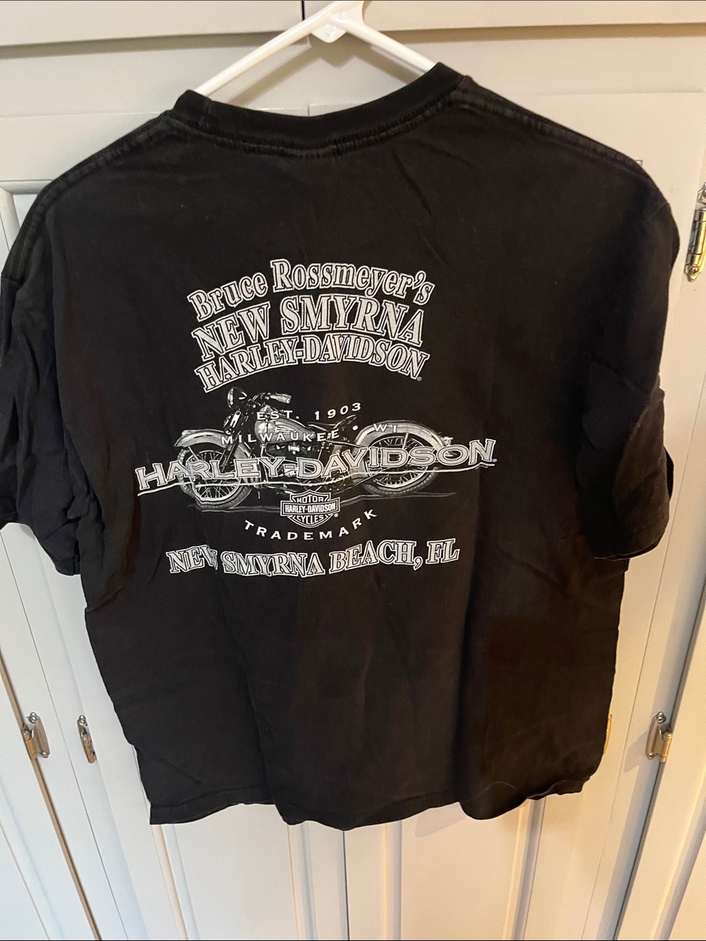 Harley-Davidson Black Tee with White Motorcycle Graphic, New Smyrna Beach FL, lg